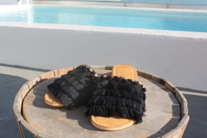 Woman Leather Handmade Sandal Black Fringe