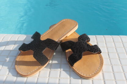 Woman Leather Handmade Sandals with Black Beads