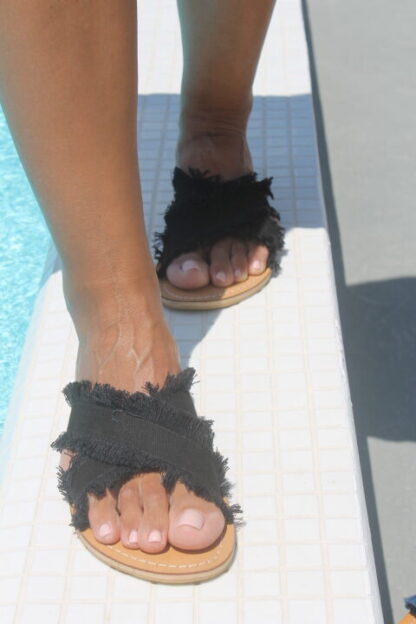 Sandales en Cuir Fait à la Main Jeans Noir Femme