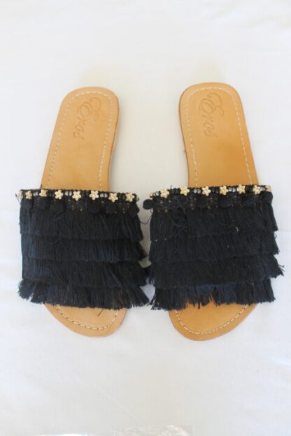 Woman Leather Handmade Sandal Black Fringe